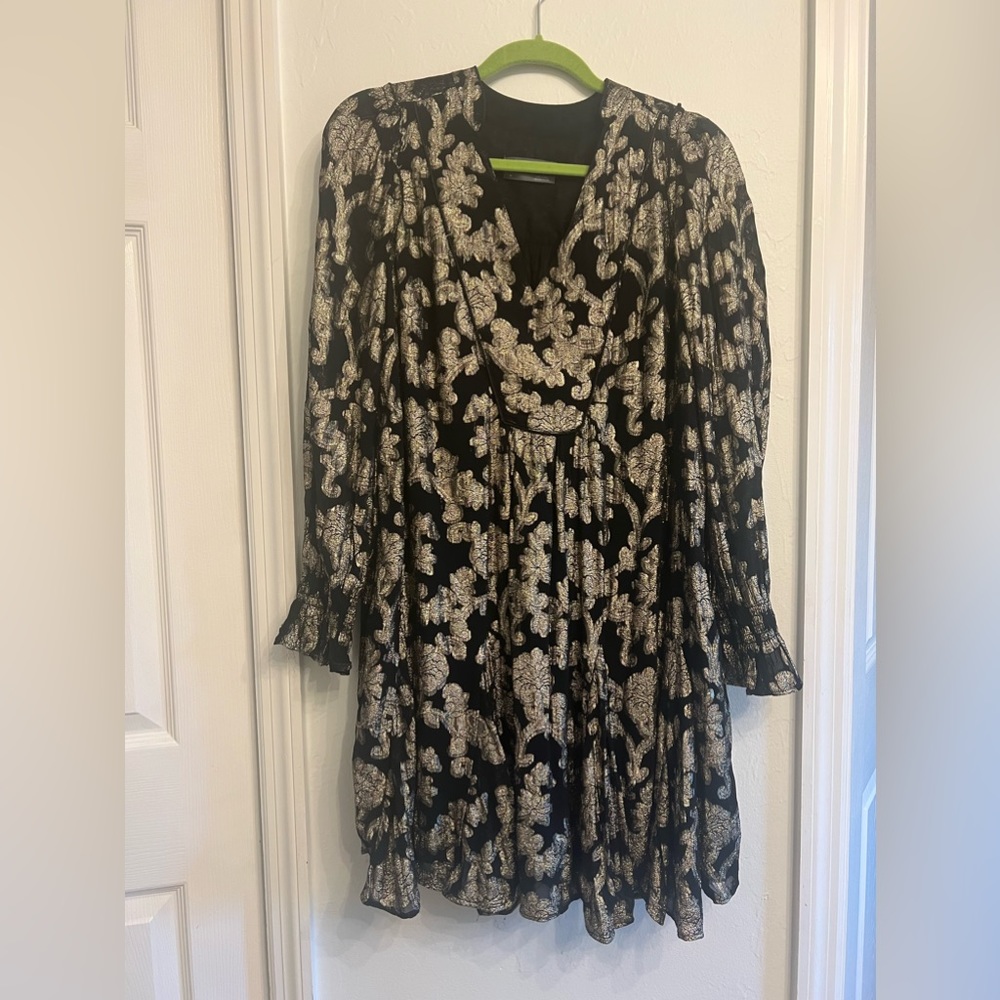 Anthropologie black and gold, long sleeve dress